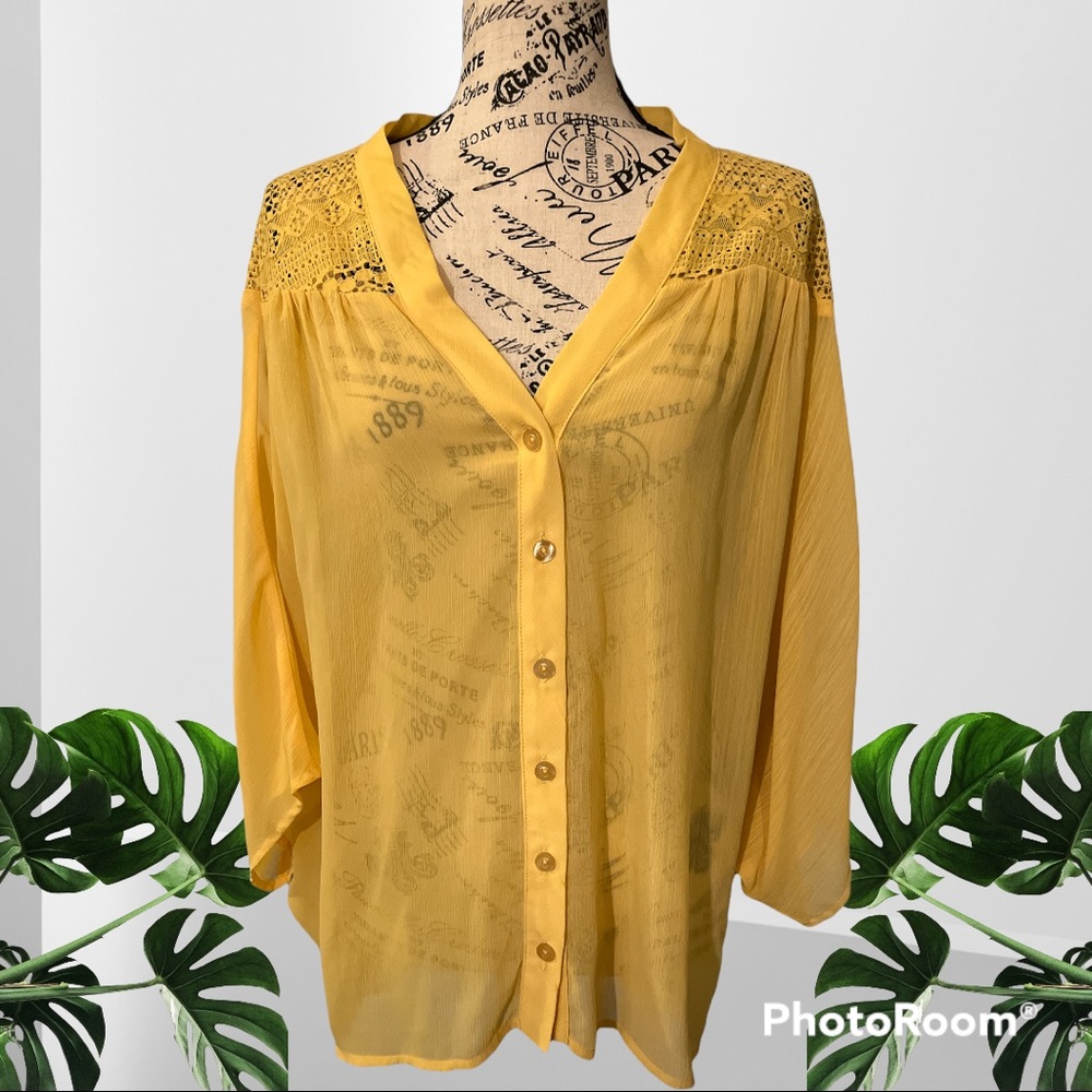 Sheer Canary Yellow American Rag Bat Wing Sleeved Button Down Top